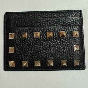 Valentino Garavani Black Leather Card Holder with Gold Studs
